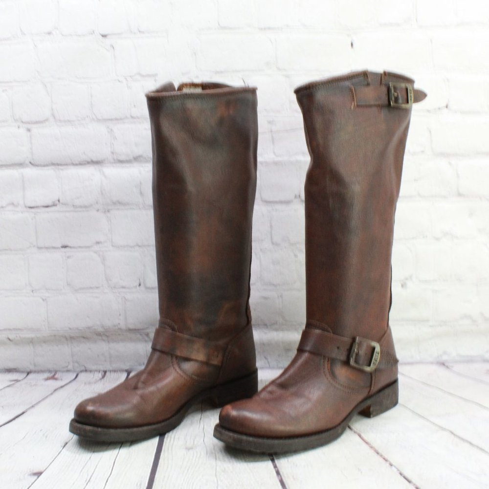 FRYE Veronica Brown Distressed Leather Buckle Tall  Boots Size 7.5 B - Picture 2 of 10